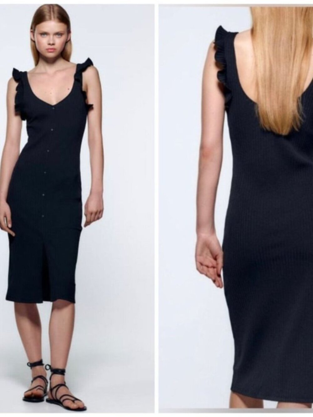 Zara Button Front Ribbed Sheath Midi Dress Black Sleeveless Ruffles Size Large - Picture 3 of 7